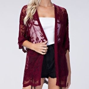 Red Lace Sheer Embroidered Kimono Cardigan